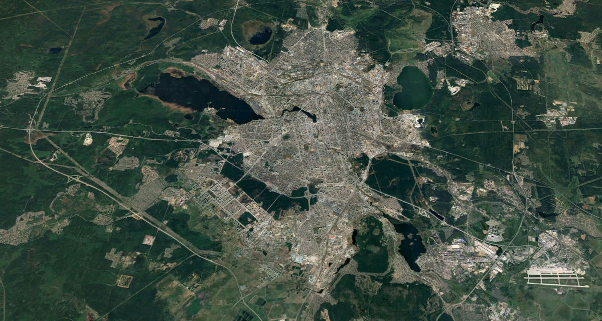 Город Екатеринбург в Свердловской области, Российская Федерация. Координаты: 56.838011, 60.597474, высота - 2.000 метров. Тип: Спутник, режим: Глобус, Вид 3D, без ярлыков, Google карта.