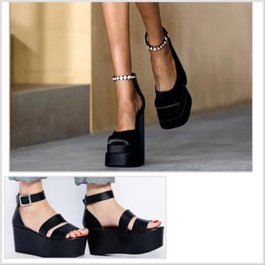 Массивная подошва, высокий каблук- утяжеляет образ 