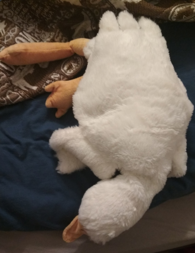 Плюшевый уток Максим. Почищенный, зашитый, отдыхает на мягком одеяле. 