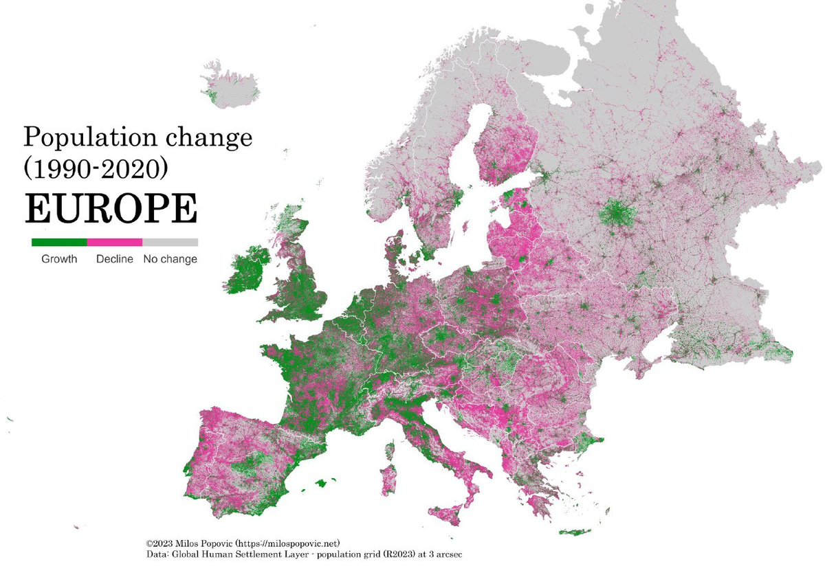 Карта изменения населения Европы в 1990-2020 гг. | Вечерний картограф | Дзен