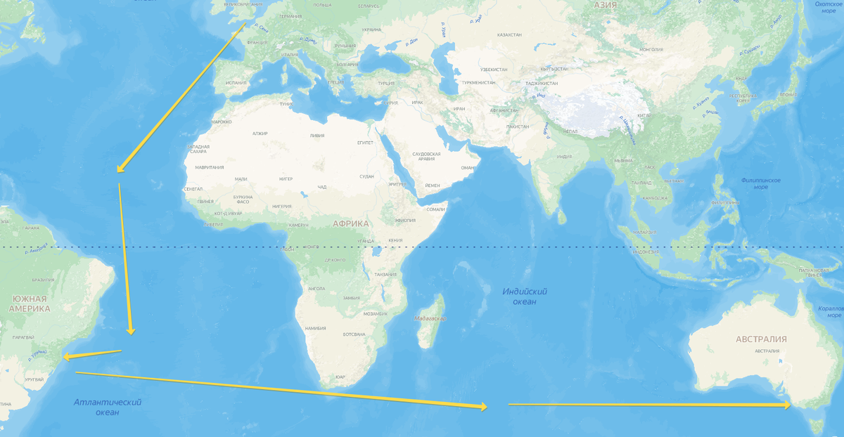 Маршрут тюремных кораблей из Англии в Австралию в 18 веке