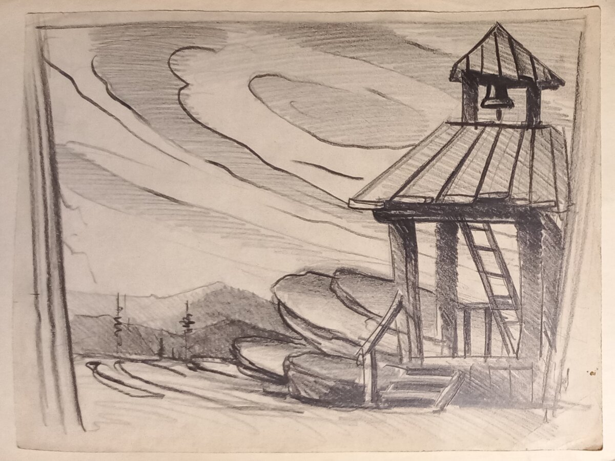 Художник Н. А. Блинов. Набросок для эскиза по мотивам сказов Бажова. Бумага, размер 26*37, карандаш. Ориентировочно 1960-1980-е годы. Из архива автора.