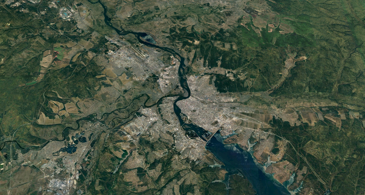 Город Иркутск Иркутской области, Российская Федерация. Координаты: 52.289588, 104.280606, высота - 2.000 метров. Тип: Спутник, режим: Глобус, Вид 3D, без ярлыков, Google карта.