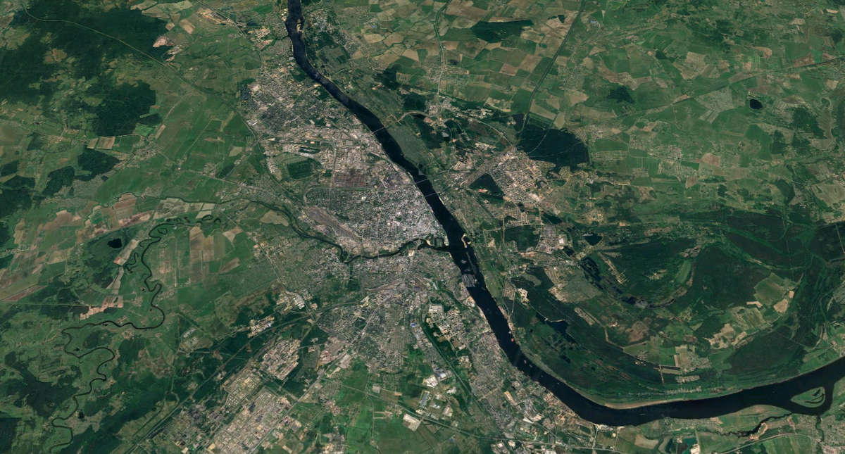 Город Ярославль в Ярославской области, Российская Федерация. Координаты: 57.626559, 39.893813, высота - 2.000 метров. Тип: Спутник, режим: Глобус, Вид 3D, без ярлыков, Google карта.