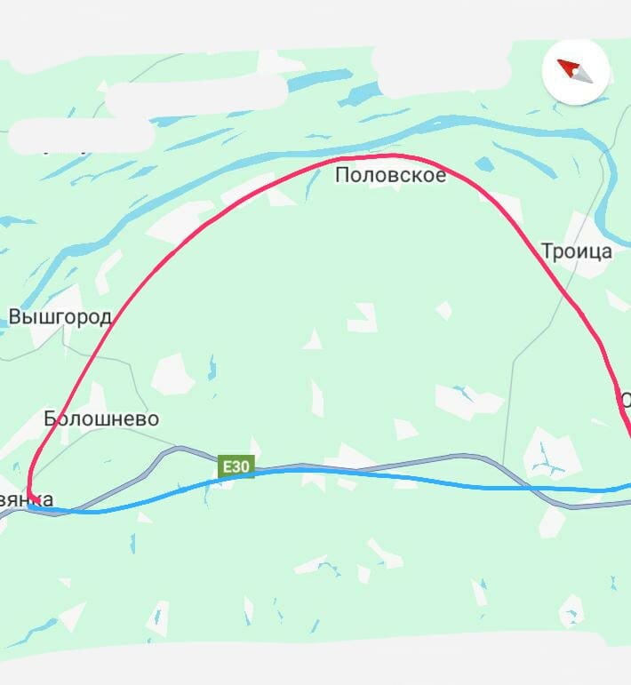 Красным изображен старый маршрут, синим - новый