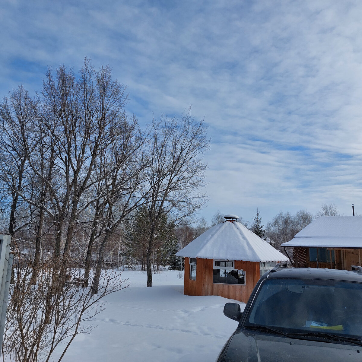 Вчера были на даче. Просто отвезли кое-какие вещи, посмотрели датчики разные и убедились, что в доме тепло. Можно сказать, что снега очень мало по сравнению с прошлыми зимами. Ездим очень часто.