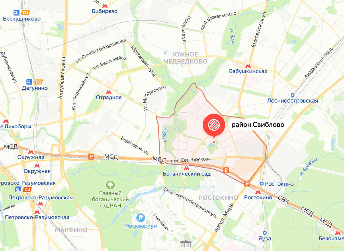 Границы района Свиблово на карте современной Москвы. Яндекс.Карты.