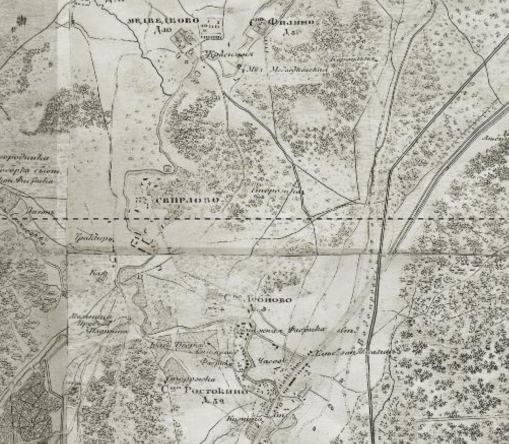 На плане окрестностей Москвы 1878 года видно, что село указано, как Свирлово. Его так часто называли в те времена. Упоминание именно в этой форме можно встретить даже у А.С. Пушкина в одном из описаний местных гуляний. Но об этом чуть позже. С сайта www.retromap.ru.