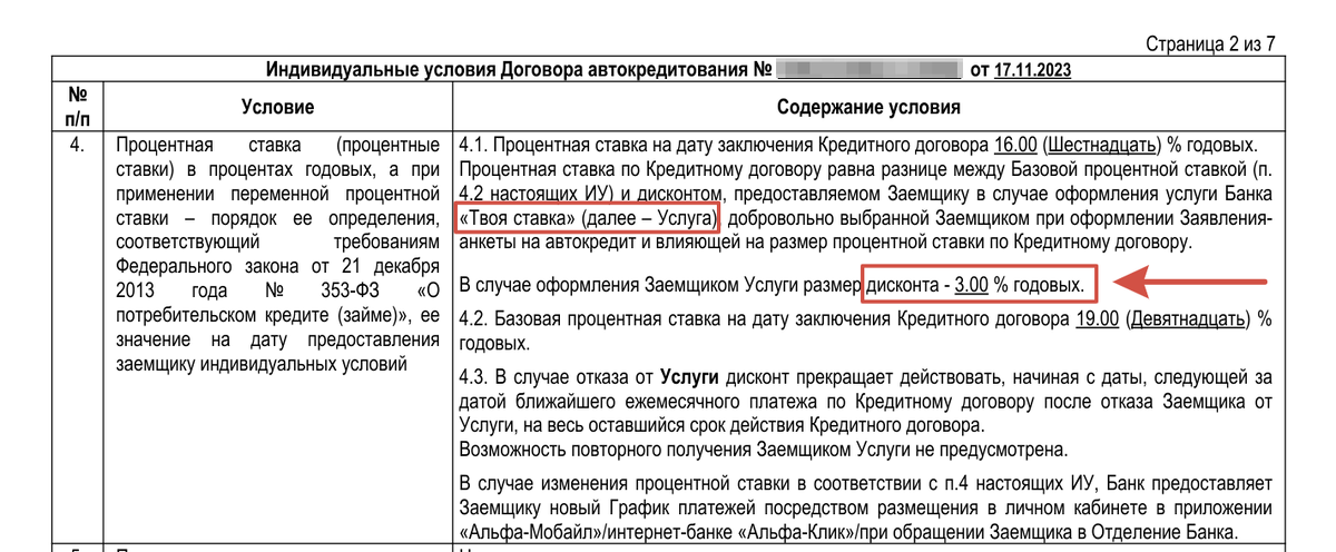 п. 4 кредитного договора Альфа-Банк (в данном случае размер дисконта, который зависит от наличия оплаченной Услуги "Твоя ставка" составляет 3%