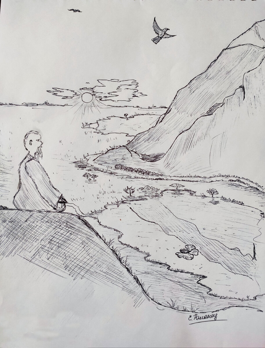 Рисунок-иллюстрация к моей поэтической книге "Путь к заснеженной крыше", 2020. Счастлив ли этот человек, прототипом которого мне послужил Николай Рерих?