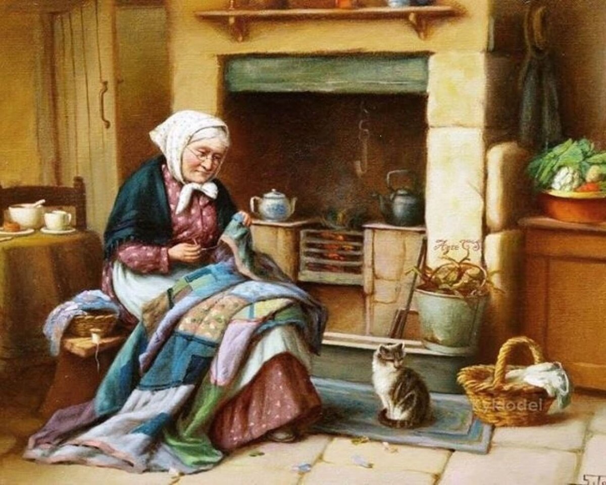 Штопанные бабушкой. Художник Henry Edward Spernon Tozer. Рукоделие в старину. Рукодельницы на Руси. Рукодельница иллюстрации.