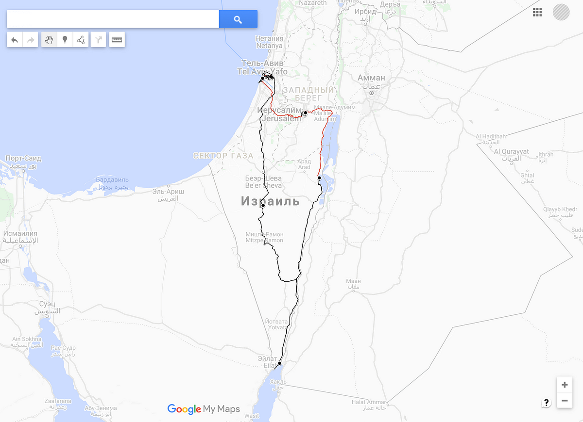 Черное — проехал. Красное — на автобусе и на электричке. Точки — места ночлега.