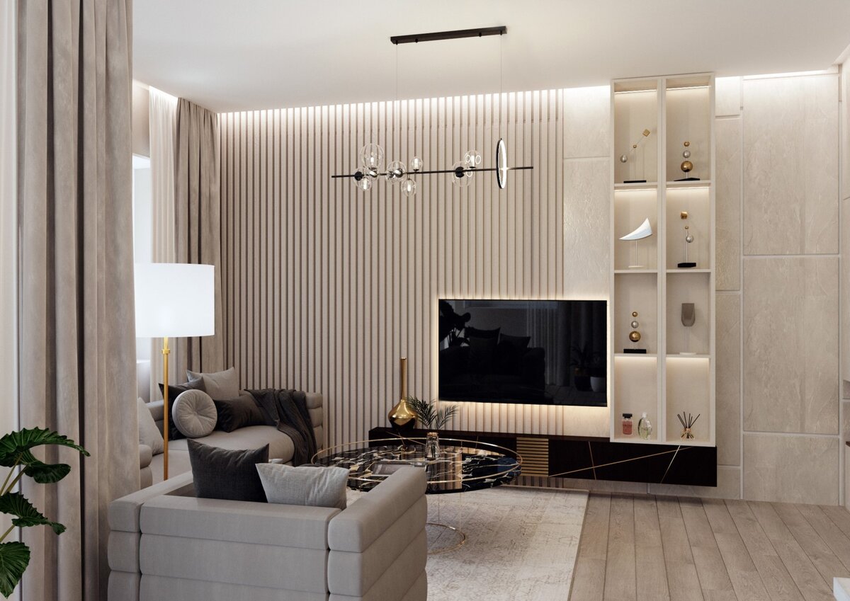 Рабочий комплект (3D визуализации интерьера, планы помещений с расстановкой мебели и оборудования, планы полов и потолков, развертки стен помещений с основными размерами, привязкой розеток, выключателей, светильников, спецификации основных отделочных материалов)