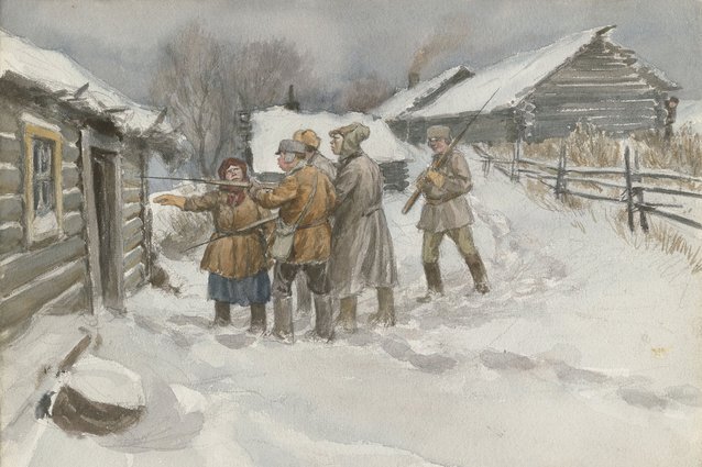 «Перед обыском и изъятием» (из серии акварелей «Русская революция») Ивана Владимирова