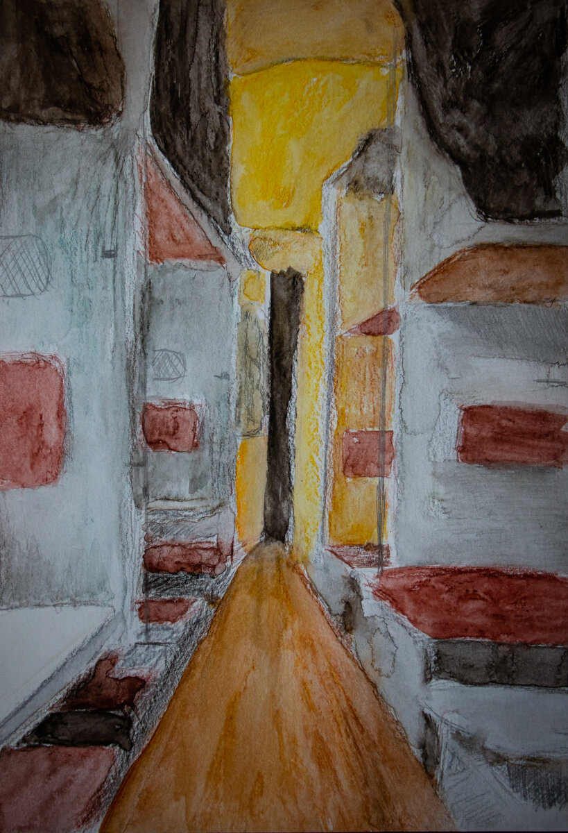 Пустой вагон. Акварельные карандаши, кисть, бумага.