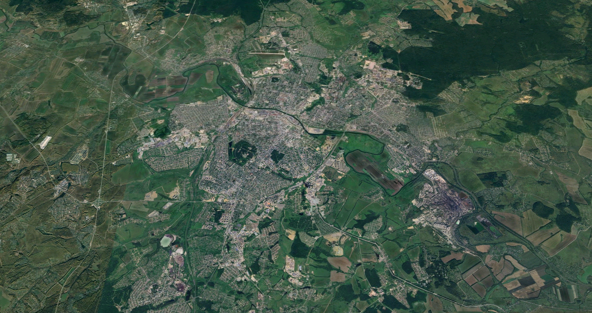 Город Тула в Тульской области, Российская Федерация. Координаты: 54.193122, 37.617348, высота - 2.000 метров. Тип: Спутник, режим: Глобус, Вид 3D, без ярлыков, Google карта.