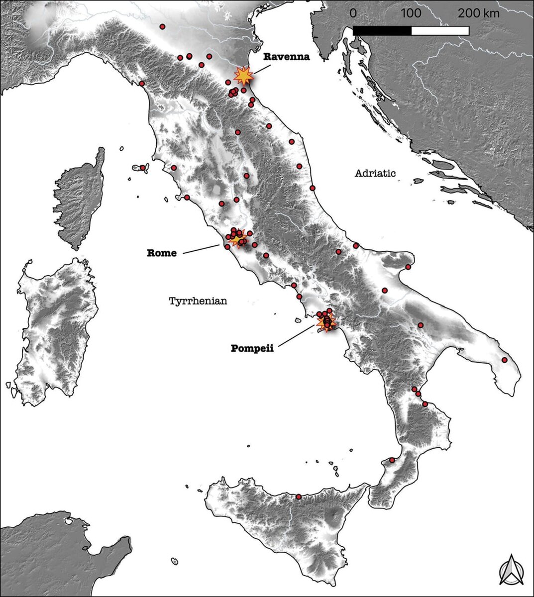 Древнеримские винодельни с подвалами dolia defossa в Италии (красные точки). Звезды указывают на крупные городские центры.