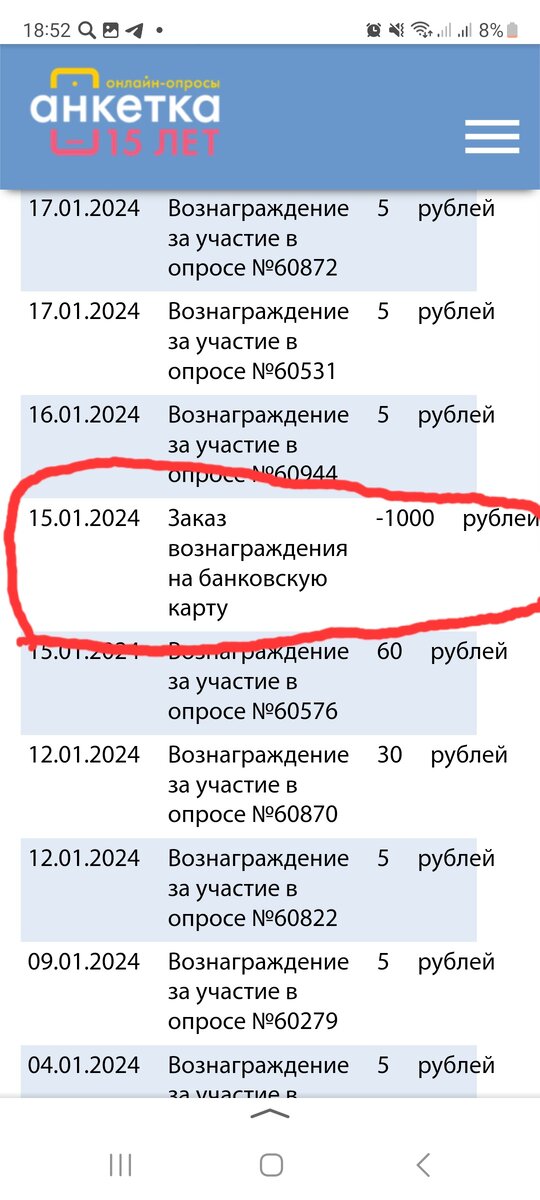 Скриншот с личного кабинета Анкетка