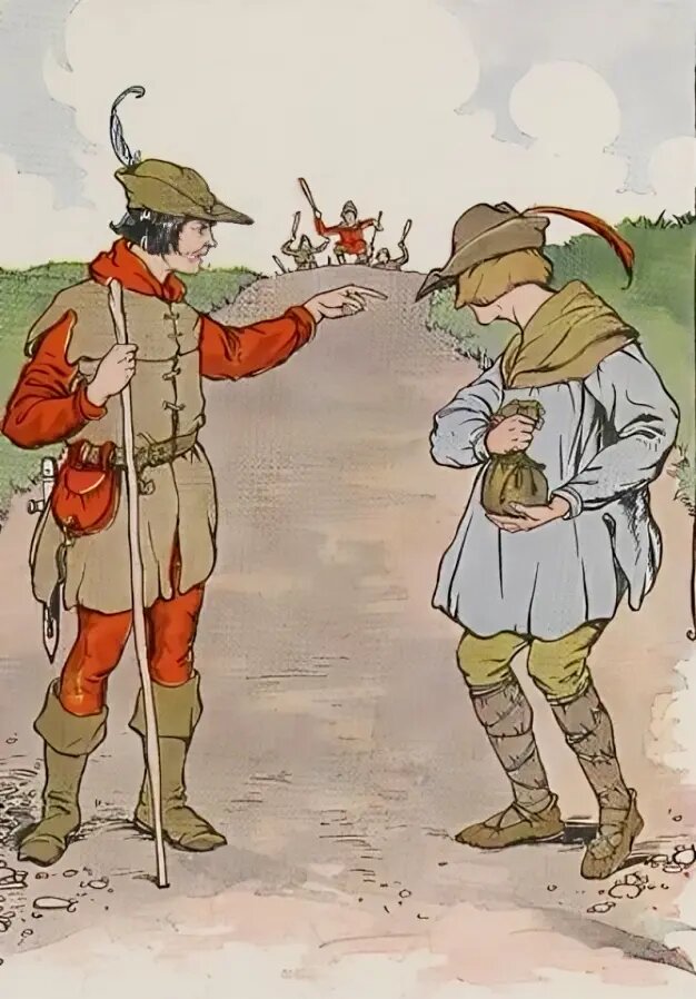 «Путешественники и кошелёк», иллюстрация Майло Винтера, из книги «Эзоп для детей», 1919 г. (PD-US)