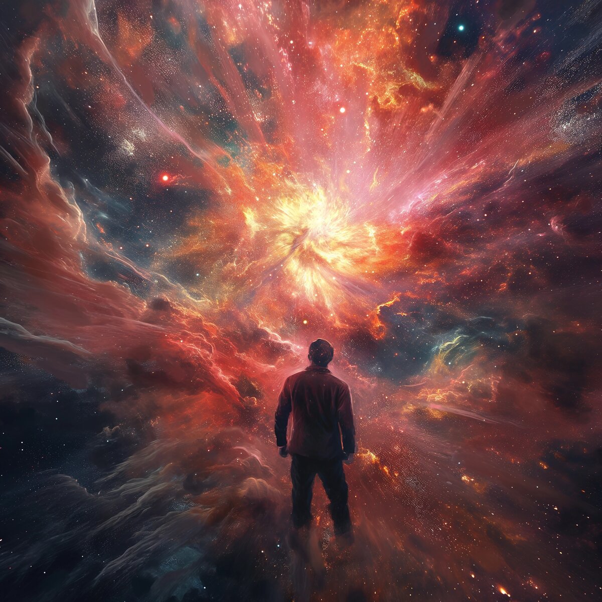 A man in space looking at a quasar exploding. A quasar is an extremely luminous active galactic nucleus. The man is turned away from the viewer and towards the quasar. Everything around the man is exploding like fireworks. --v 6