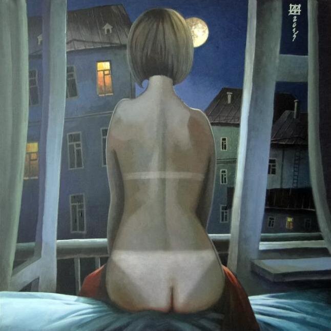 © Андрей Андрианов. В гостях у Валентина Алексеевича. Грунтованная бумага, акрил. 60 x 60см