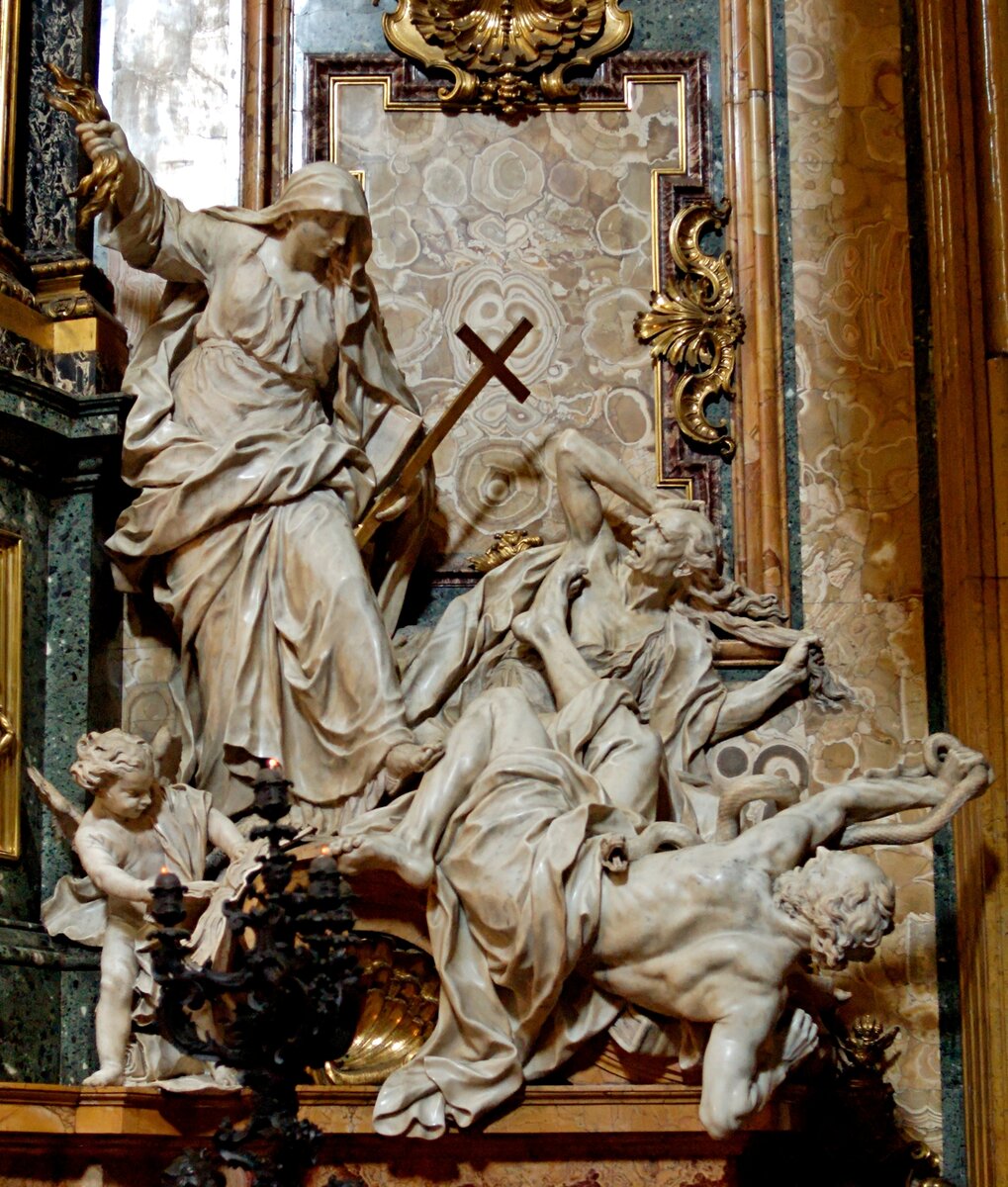 Религия, побеждающая ересь, Пьер Легро Младший (1695–1699). Церковь Джезу, Рим, Италия.