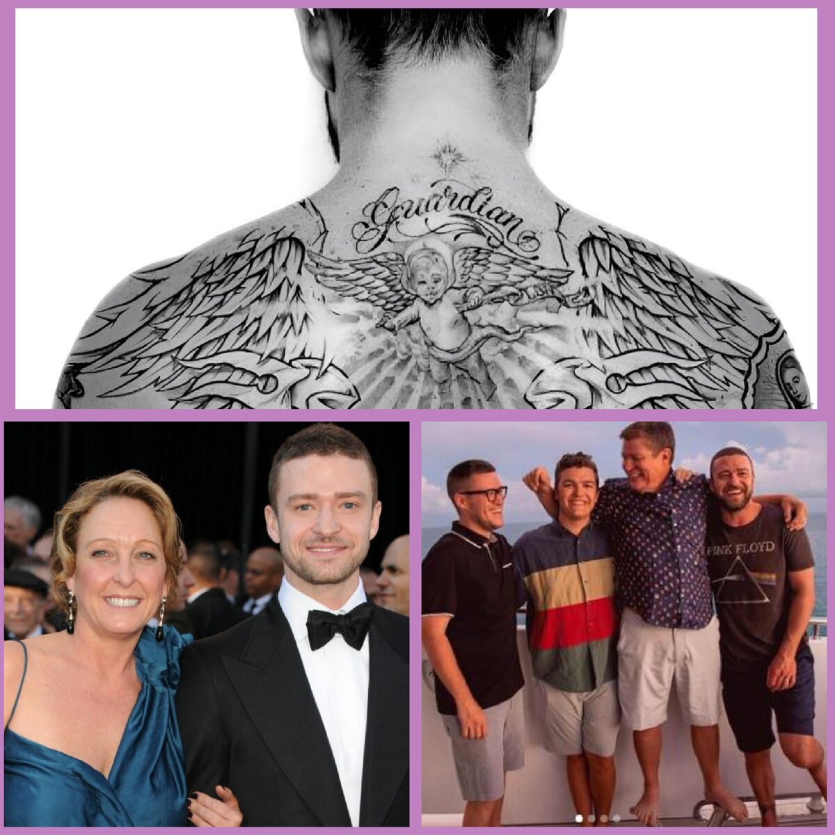 Татуировка на фото на половину бутафорская: вот эти большие крылья и Дева Мария Тимберлейку рисовали во время съемок фильма "Альфа Дог". Со второй семьей отца Джастин очень дружен.