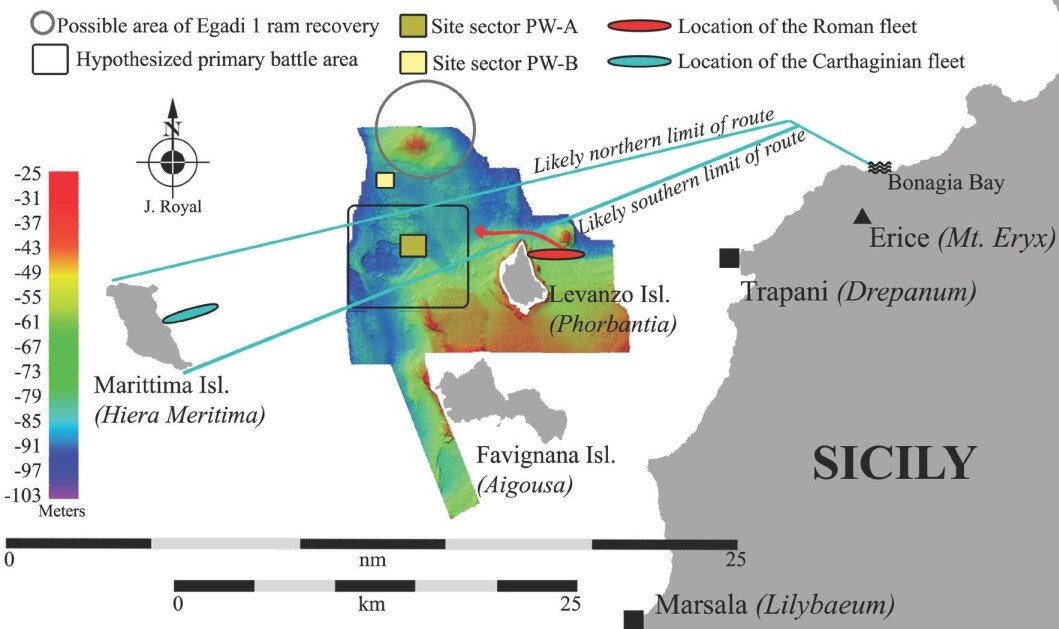 Зона морского сражения по результатам исследований. Красный корабль - флот римлян, зеленый корабль - флот карфагенян, квадрат и круг - зоны обнаружения большого скопления артефактов (определены, как зоны сражений).