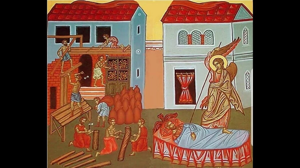 На иконе к Притче о безумном богаче Ангел пытается разбудить Богача от сна.