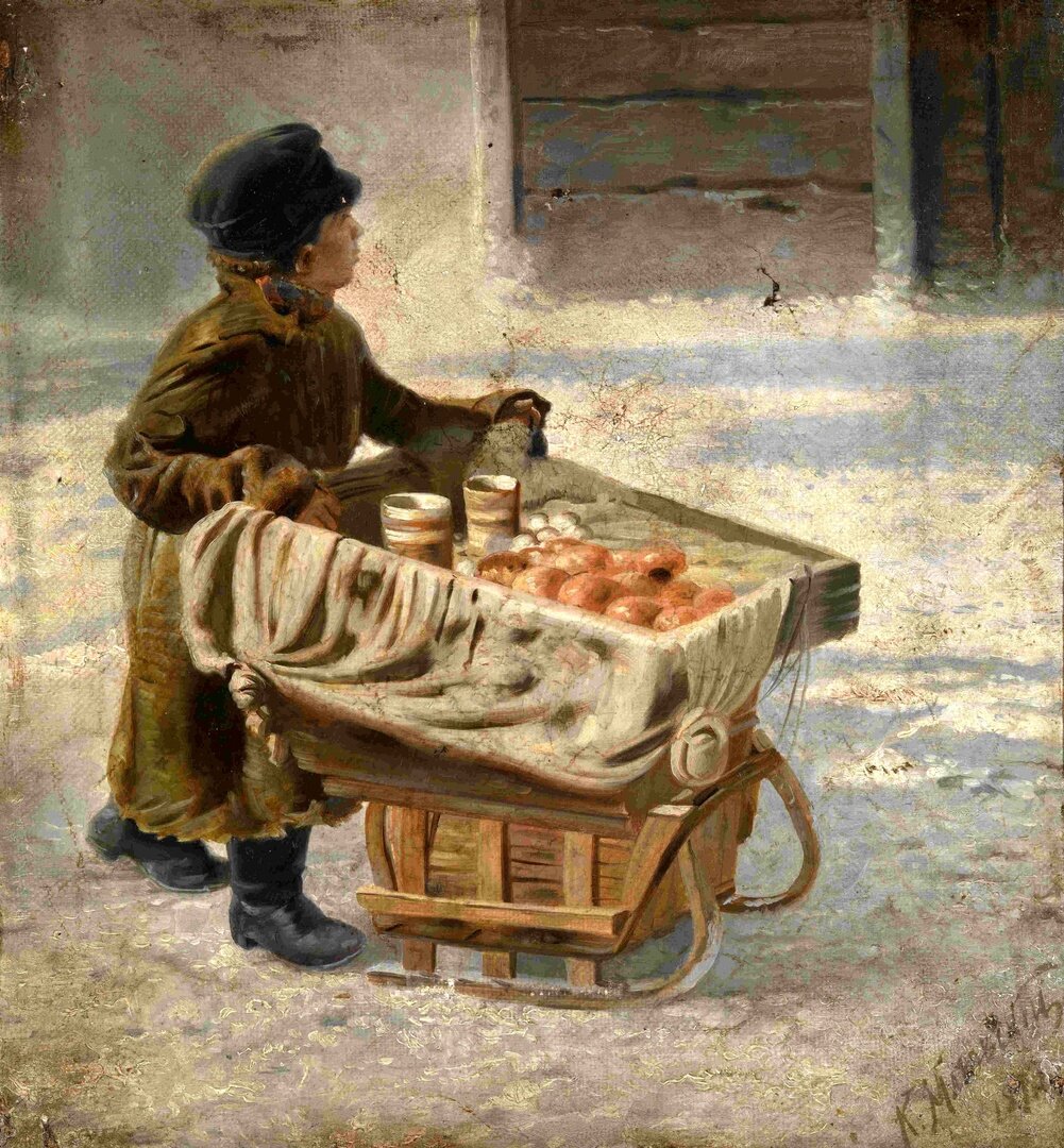 Мальчик торгует пирогами с лотка. худ. К.Е. Маковский