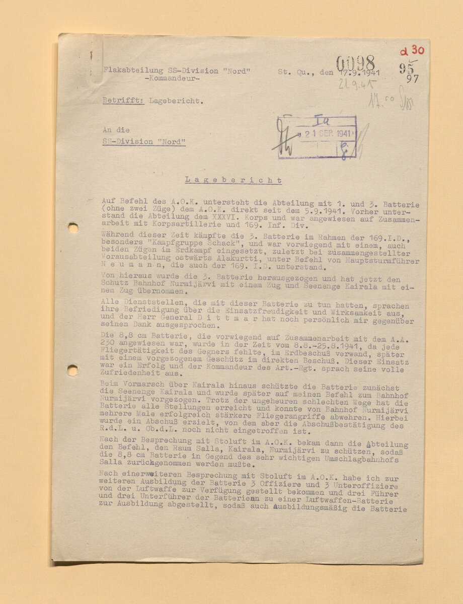 Основное: с 5.9.41 зенитный дивизион (1-я и 3-я батареи (без двух взводов)) напрямую подчиняется штабу армии. 3-я батарея воевала в составе 169-й ПД, в основном в боевой группе Schack, и применялась преимущественно для стрельбы по наземным целям. Батареи перебрасывались туда-сюда. Везде получали благодарности от начальства. Особых потерь в матчасти нет. Всё самое необходимое в наличии. Вот только не хватает тягачей для 2 см орудий. И в 3-й батарее износилось обмундирование, не хватает нательного белья. Продовольствия достаточно, настроение личного состава бодрое. Командир дивизиона надеется, что скоро все батареи вернутся в состав дивизии СС "Норд", где примут участие в дальнейших боевых действиях.