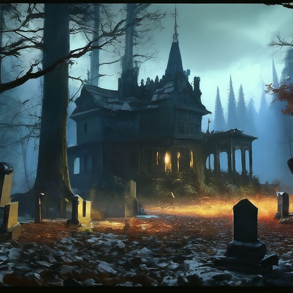 "abandoned house, cemetery against the backdrop of a dark forest in the style of Tim Burton"