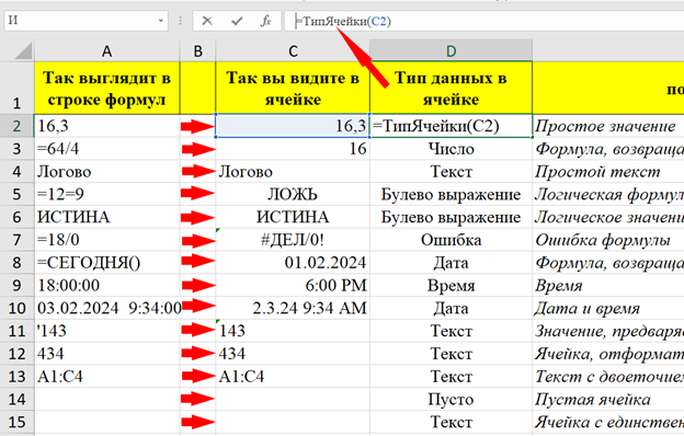 Типы данных ячеек