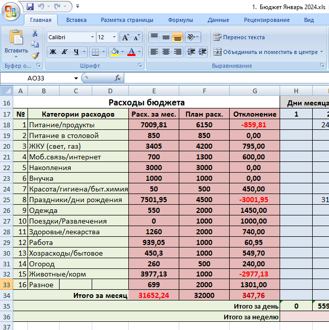 Планы и расходы января