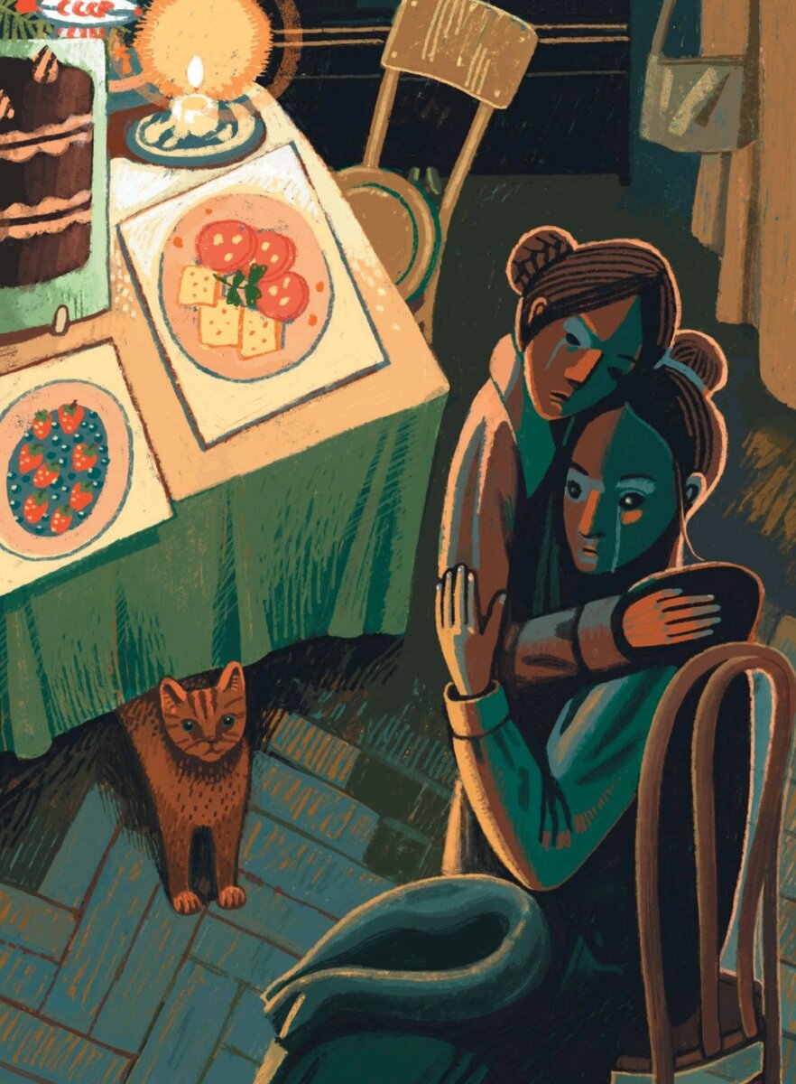 Иллюстрация из книги : на праздничном столе еда нарисованная.