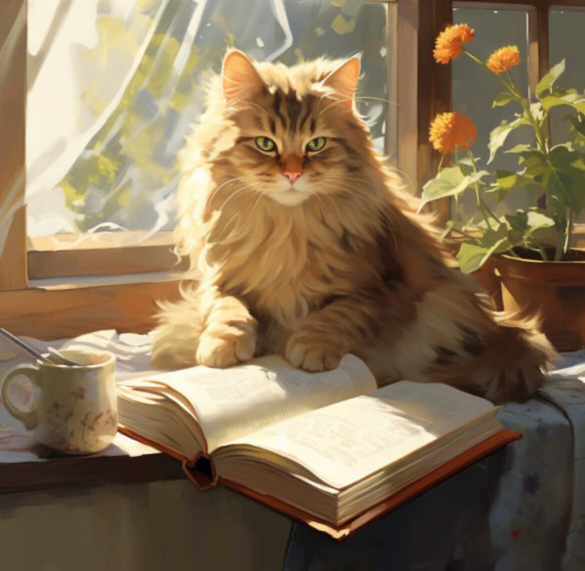 Мудрый котик, читает и записывает