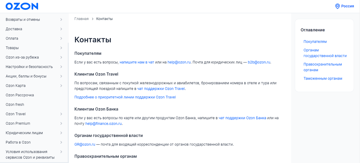 Страница «Контакты» на сайте Ozon — характерный пример сервисной страницы. На ней указаны все способы, как связаться с маркетплейсом по разным вопросам