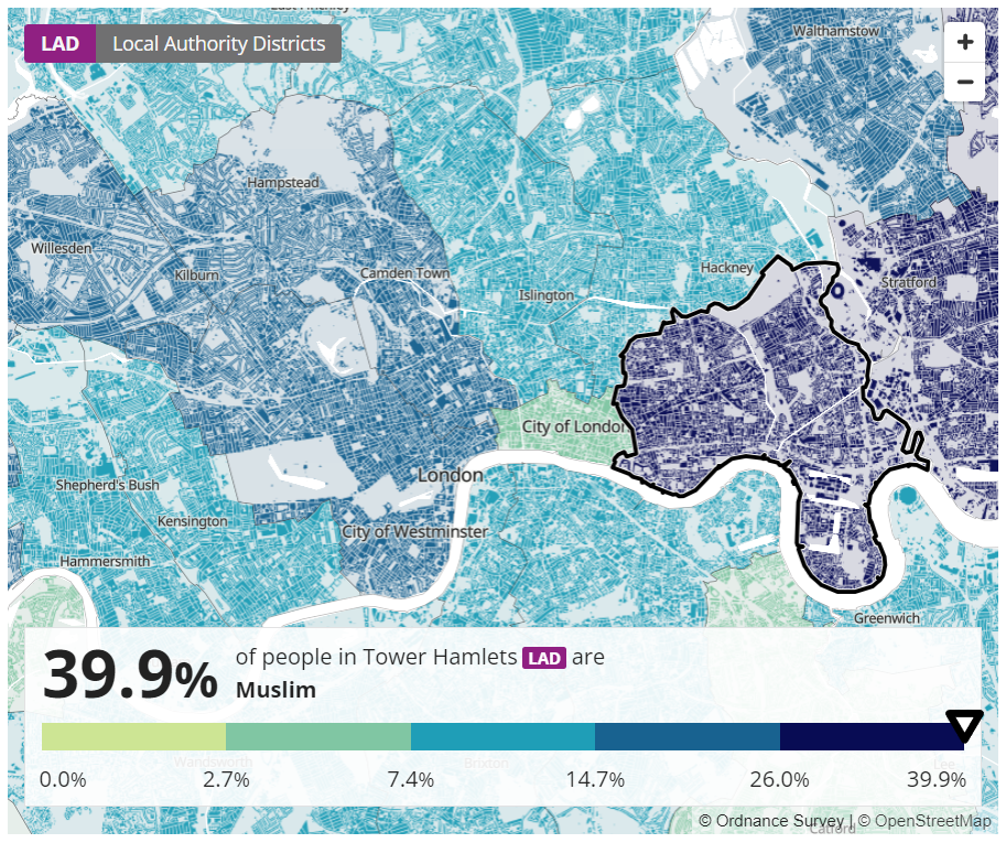 Процент мусульман в районе Ист-Энда (Лондон). 