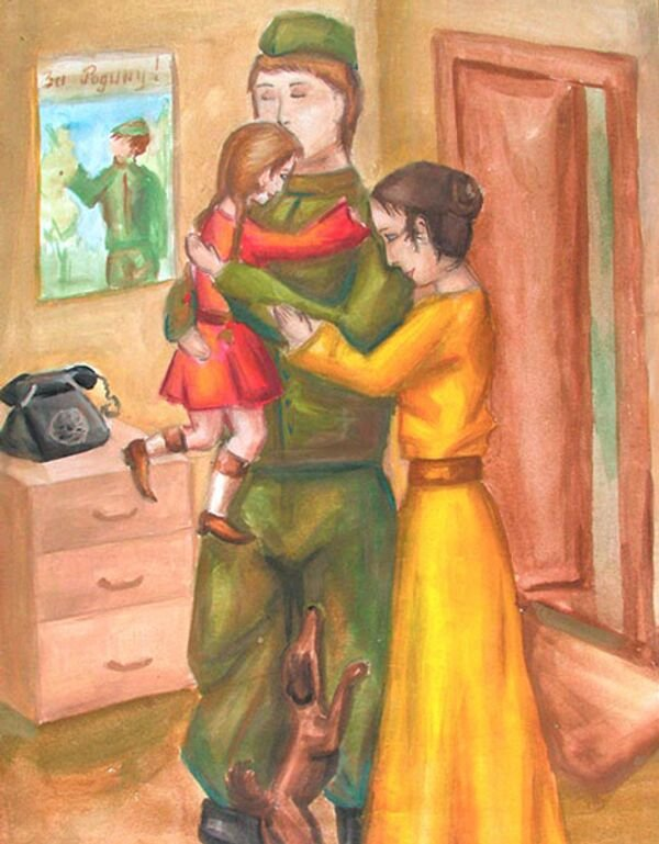 Семья 23 февраля. Иллюстрации на военную тему. Сюжетная композиция. Рисунок солдату.