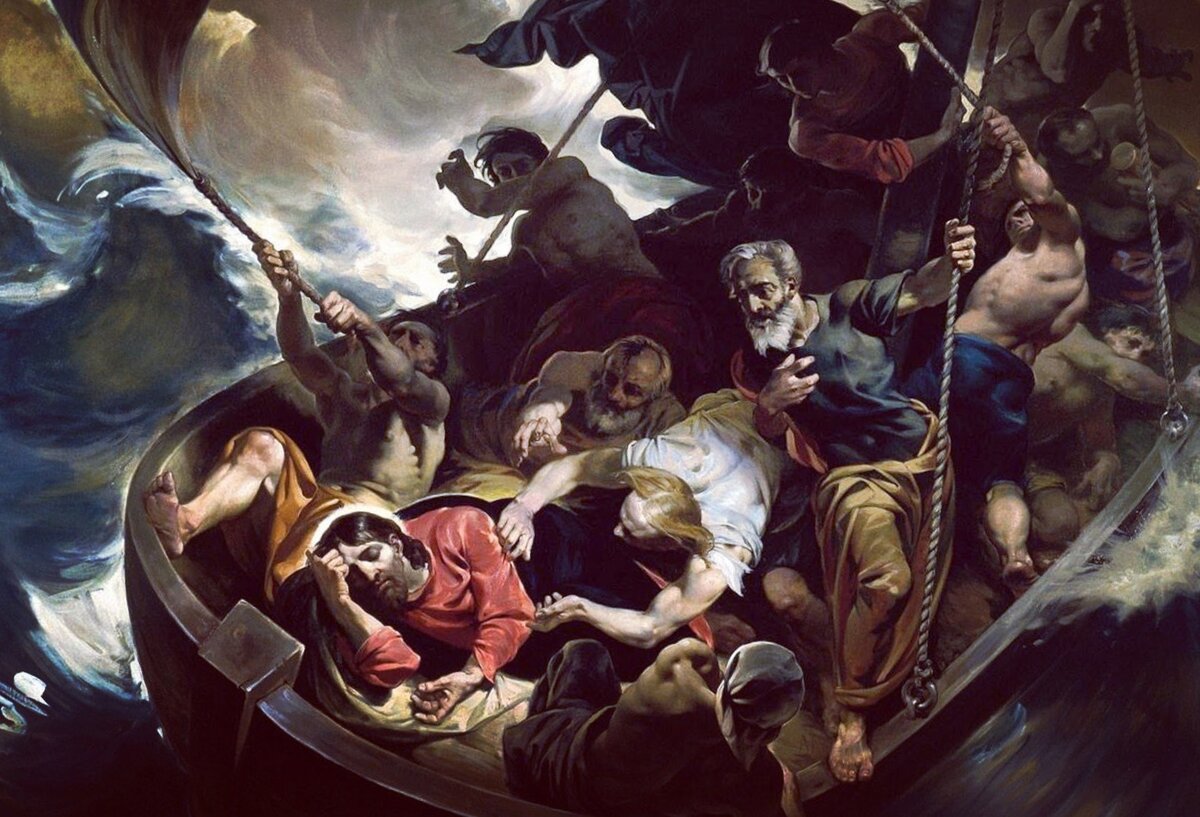 Иисус спит на корме во время шторма.