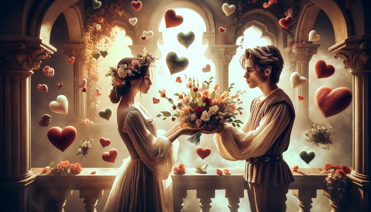 Милая и романтичная открытка с сердечками и влюбленной парой