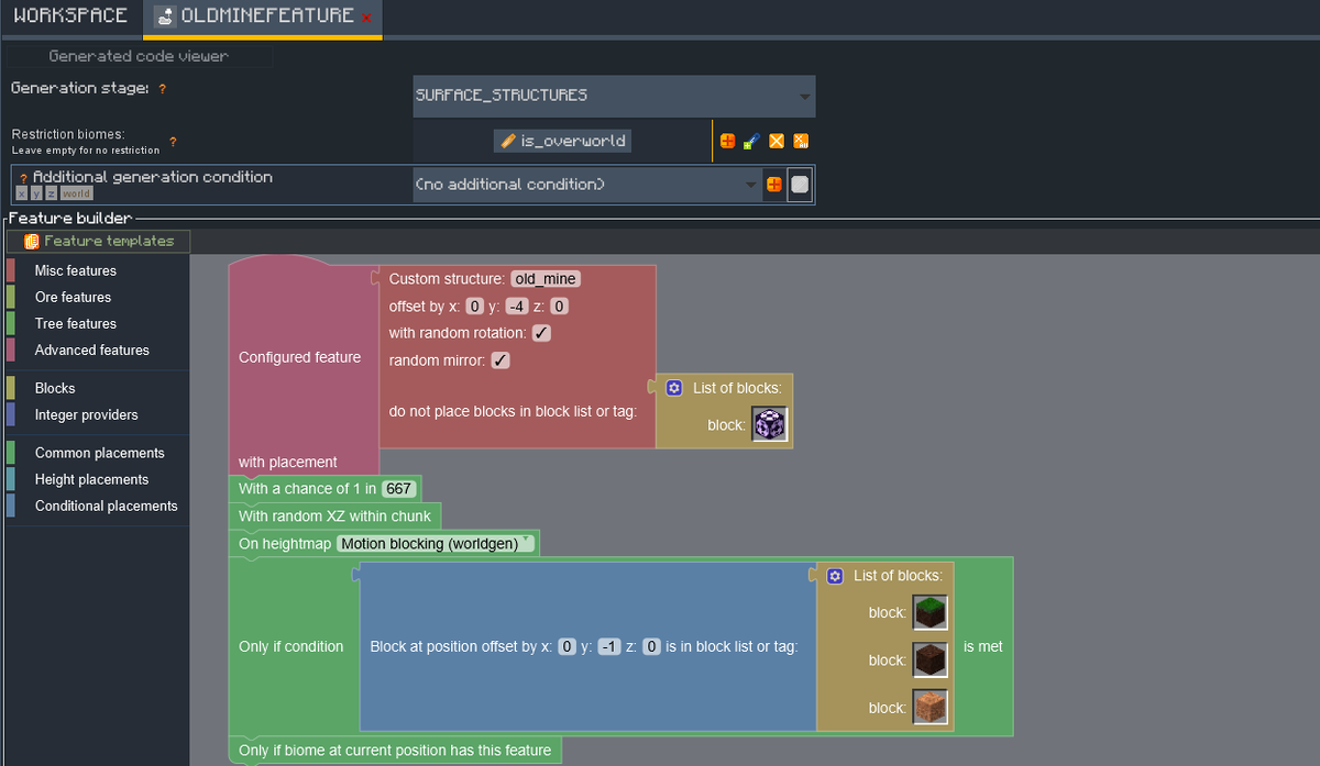 Пример элемента Feature (бывший Structure) в MCreator