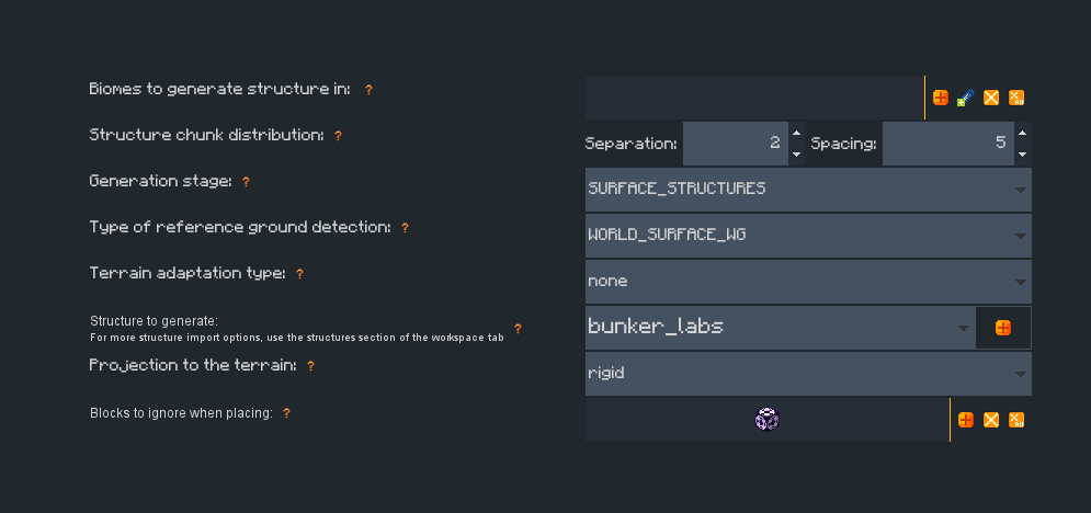 Интерфейс элемента Structure в MCreator