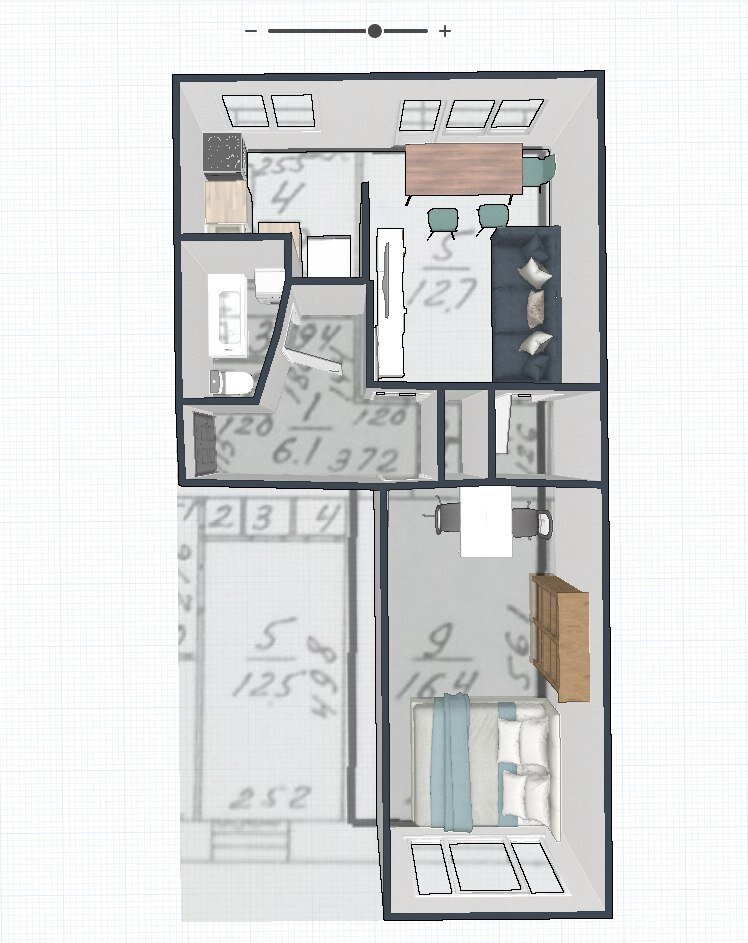 Вот такую планировку без стенки между кухней и маленькой комнатой я нарисовала