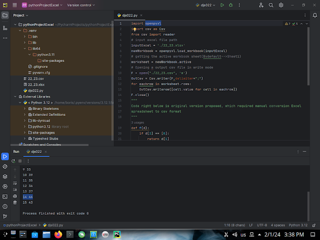 PyCharm Project running with imported module openpyxl via 3.12.1 python interpreter