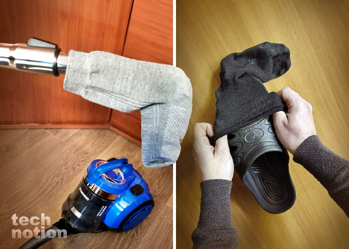 Для чего надевать носки на тапки и на пылесос / Изображение: дзен-канал technotion