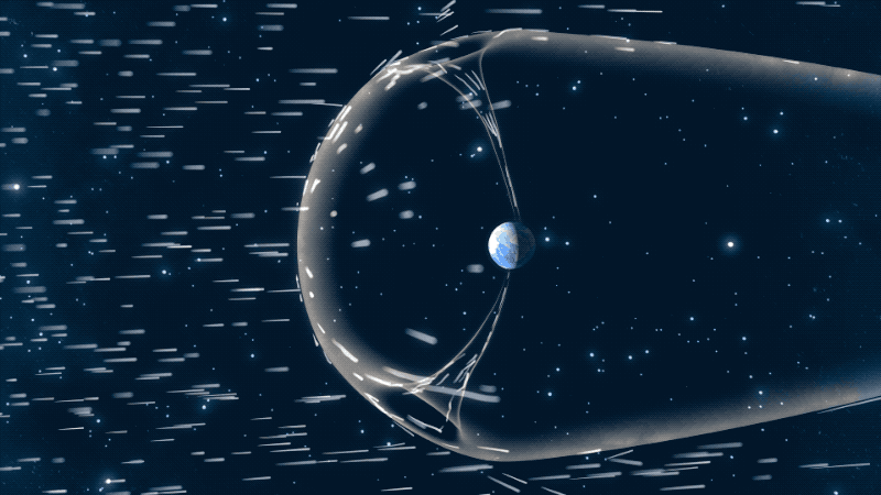 Концептуальная анимация, показывающая взаимодействие солнечного ветра с магнитным полем Земли.