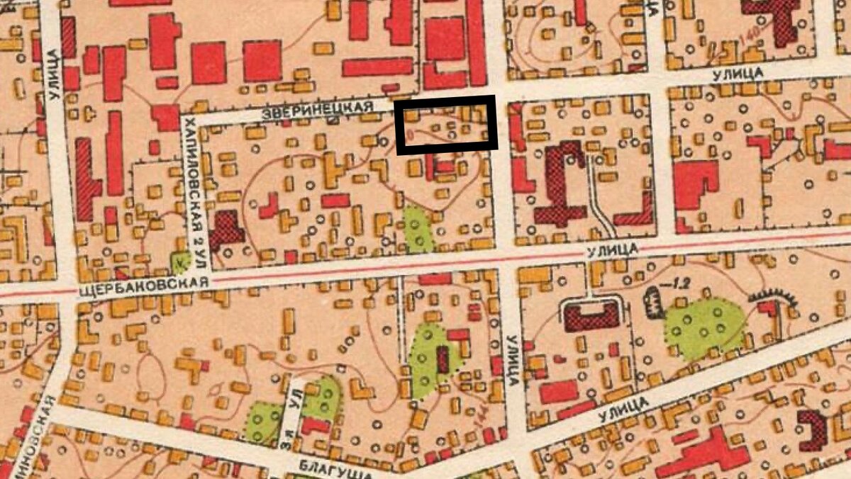 Фрагмент карты Москвы 1952 г. Бывшее владение Великовского выделено черным. 