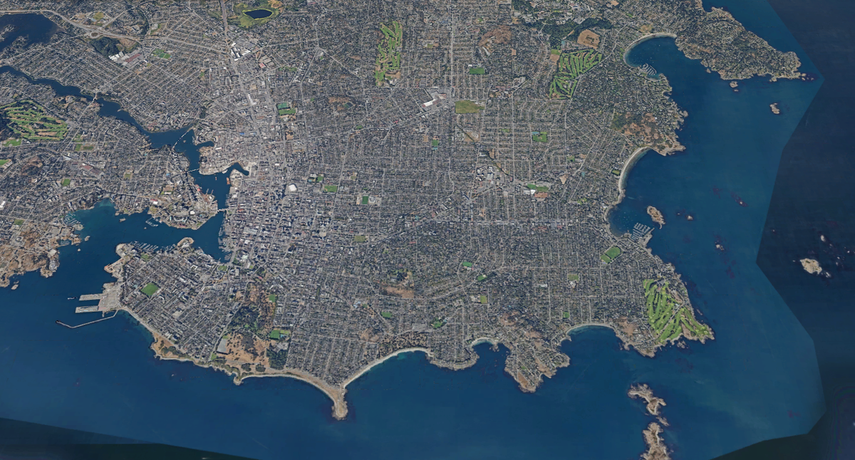 Город Виктория в провинции Британская Колумбия, Канада. Координаты: 48.423101, -123.366788, высота - 500 метров. Тип: Спутник, режим: Глобус, Вид 3D, без ярлыков, Google карта.