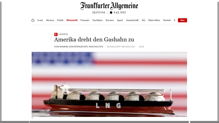 FRANKFURTER ALLGEMEINE ZEITUNG ПИШЕТ: "БАЙДЕН ОГРАНИЧИВАЕТ ЭКСПОРТ ПРИРОДНОГО ГАЗА - ВЕДЬ ЭТО ВРЕДИТ КЛИМАТУ И ЕГО ДРУЗЬЯ". СКРИНШОТ СТРАНИЦЫ САЙТА FAZ
